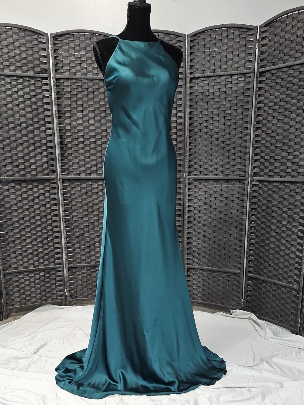 Size 6 to 8 Emerald Green square high neck satin formal gown w/ open back train